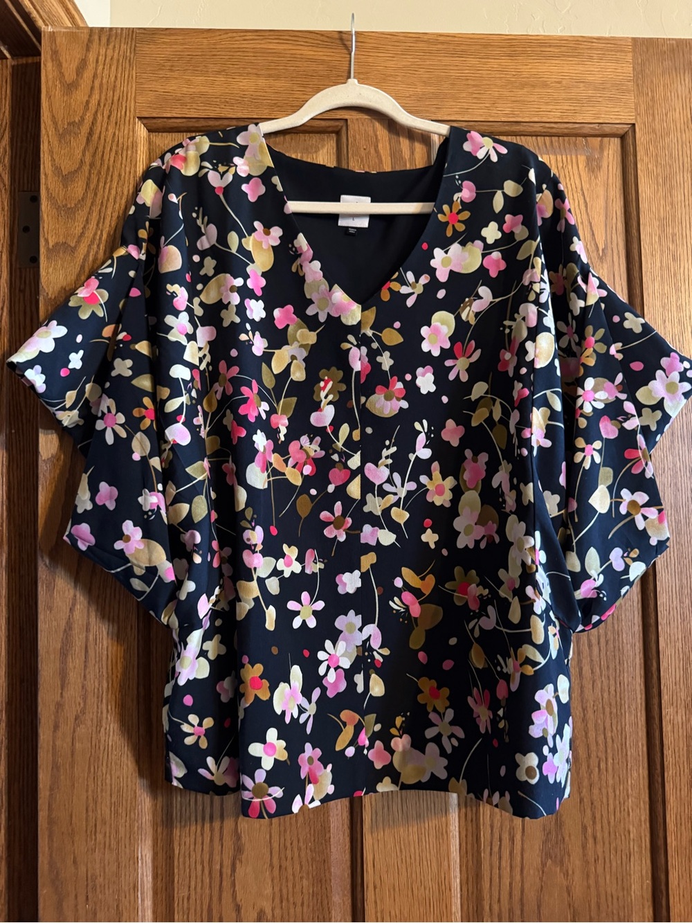 CAbi Black V-Neck Floral Blouse with Pink & Gold Blossoms